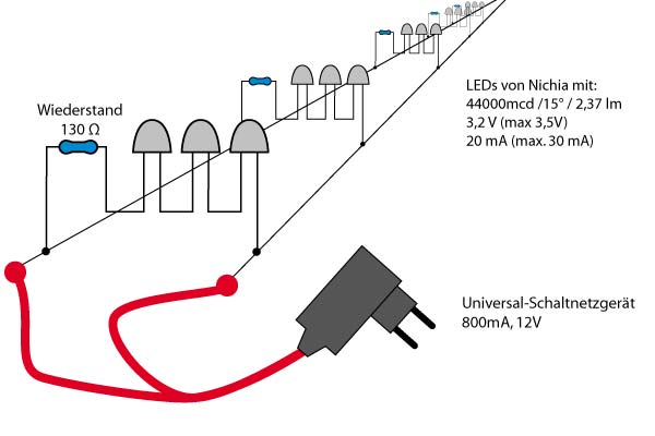 30 mal Parallelschlatung von 3LEDs+Wiederstand in Reihe