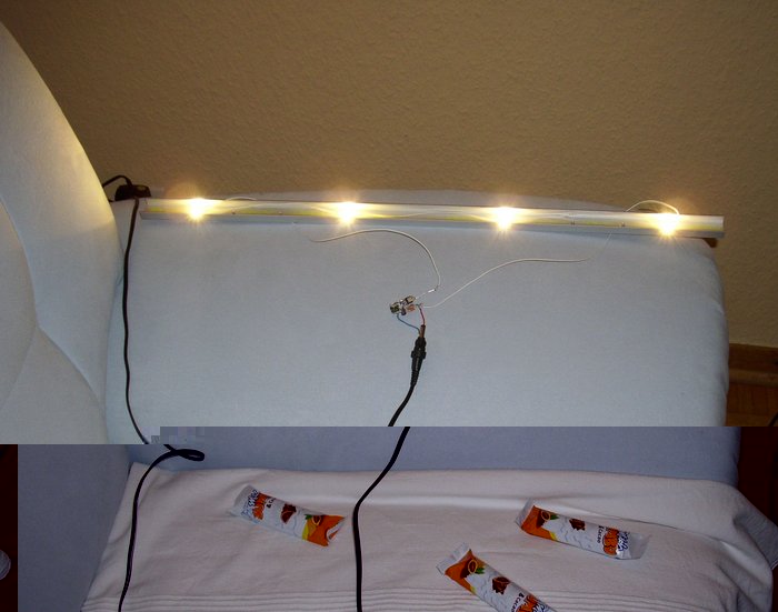 DSCI0041_cut.jpg (487.24 KiB) 29217 mal betrachtet LED-Leiste testweise auf dem Sofa, mit den Schoko-Riegeln habe ich 3 der 4 LEDs über eine Stunde lang abgedeckt --- sie sind nicht geschmolzen, nichtmal weich geworden, das Alu-U-profil erreicht nichtmal Körpertemperatur (350 mA durch die LEDs, alle 20 cm eine LED, U-Profil 20mm breit, Kanten 10 mm, Stärke 2 mm